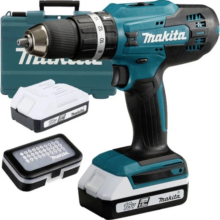 Makita Akku-Schlagschrauber HP488D011 18V / 2x 1.5 AH +, inkl. 2. Akku, inkl. Ladegerät, inkl. Koffer, mit Zubehör – Bild 1