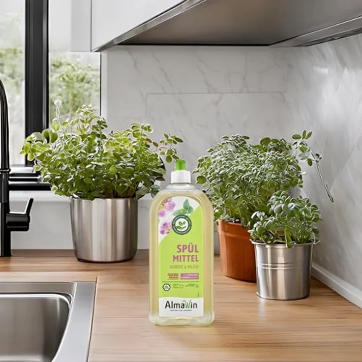 Almawin Spülmittel Wildrose Melisse 1L, hochkonzentriertes Geschirrspülmittel mit zartem Blumenduft, hautmild und vegan – Bild 2