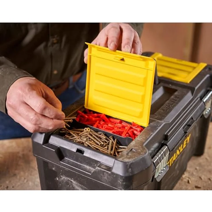 Stanley Werkzeugbox - Werkzeugkasten (19'', 48.2x25.4x25cm, Beladung bis zu 8kg, Werkzeugkoffer mit Metallschließen, Organizer mit entnehmbarer Trage, robuster Koffer aus Kunststoff) STST1-75521 – Bild 5