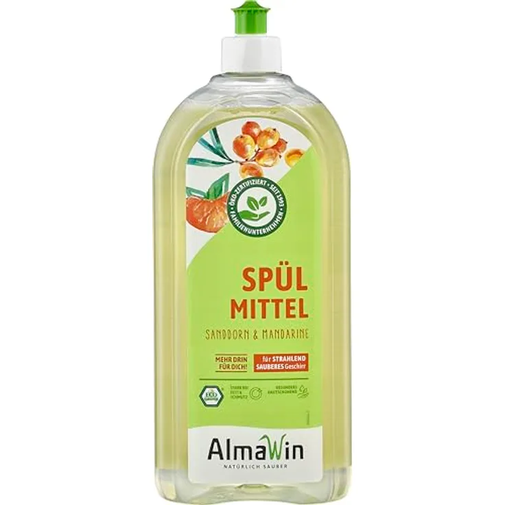 Almawin Spülmittel - Sanddorn Mandarine 1L, hochkonzentriertes Geschirrspülmittel mit fruchtigem Duft und hautmilden Weizenproteinen