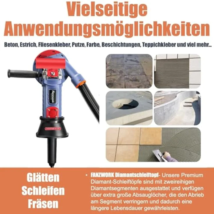 FANZTOOL Multischleifer Betonschleifer Winkelschleifer Sanierungsfräse 1400W Set mit Absaughaube und Schleifteller und Metallbürste und Sandpapier, mit Drehzahlregelung – Bild 5