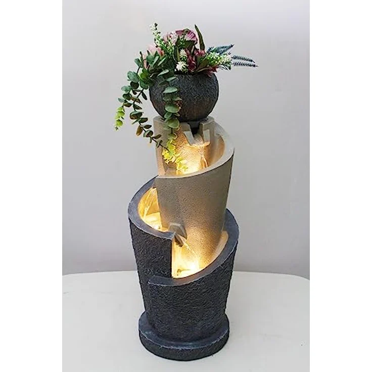 Arnusa Gartenbrunnen mit LED Beleuchtung 66 cm mit Dekobecken Springbrunnen Wasserspiel Zimmerbrunnen für Innen und Außen warmweiß, Grau, Beige – Bild 2