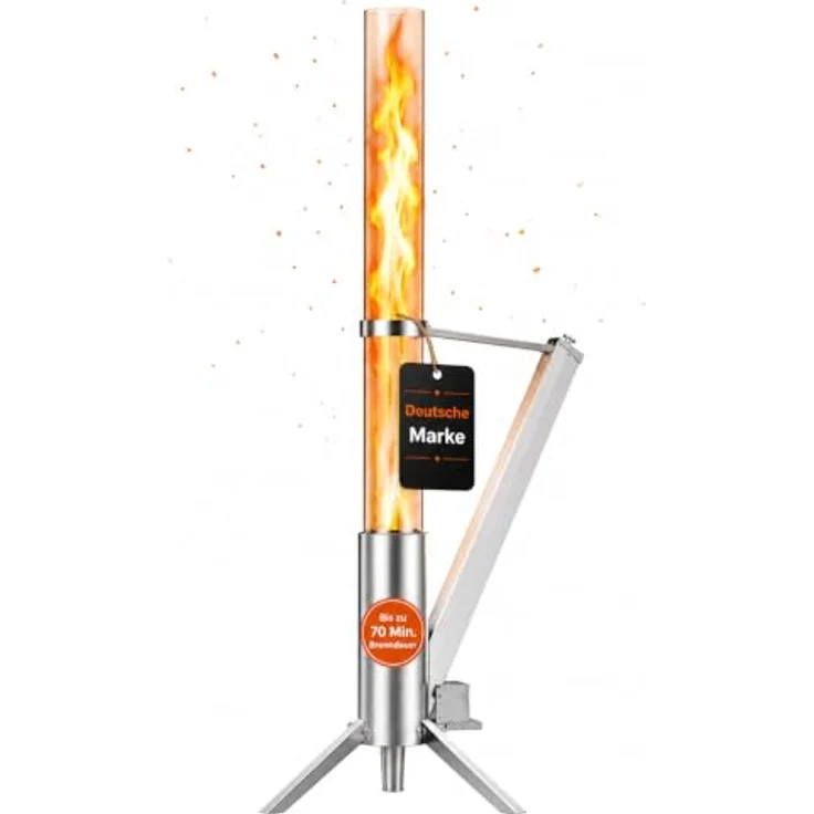 Albatros International Gartenkamin Pelletfackel Edelstahl mit Glasrohr, Rocket Stove System, effiziente Verbrennung bis 70 Minuten, inkl. Standfuß – Bild 1