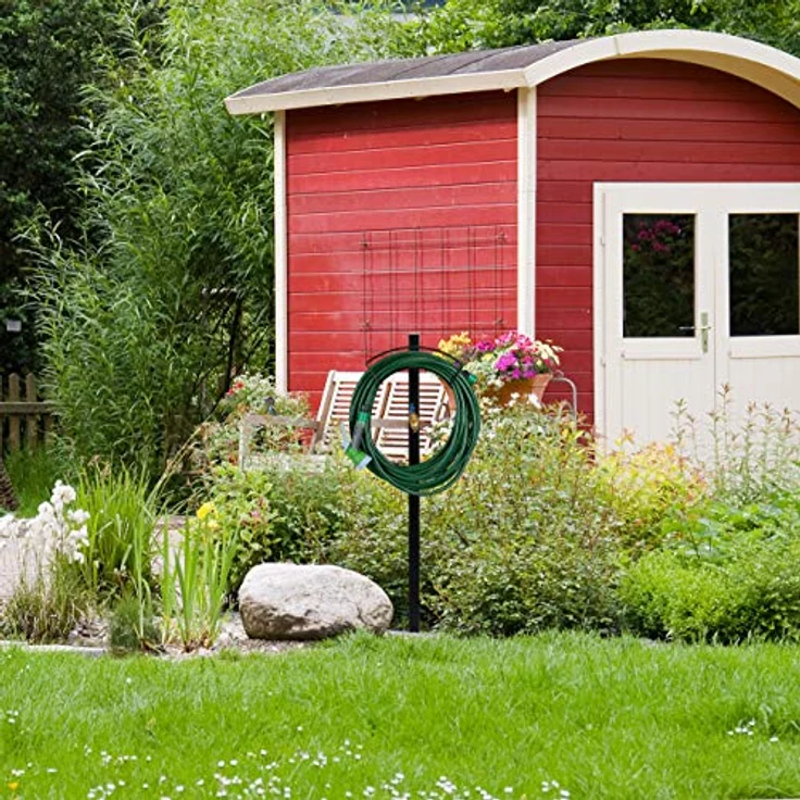 Relaxdays Garten Zapfstelle mit Schlauchhalter, 2X 3/4" Anschlüsse, für 45m Schlauch, Stahl, HBT 107,5x33x18 cm, schwarz – Bild 5