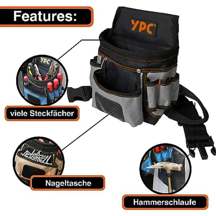YPC Presto Werkzeug Gürteltasche XL – wasserfeste Werkzeugtasche mit 12 Taschen, Hammerschlaufe, reißfestem Nylongürtel, Grau-Schwarz, 27x21x13cm, 5 kg Tragkraft – Bild 3