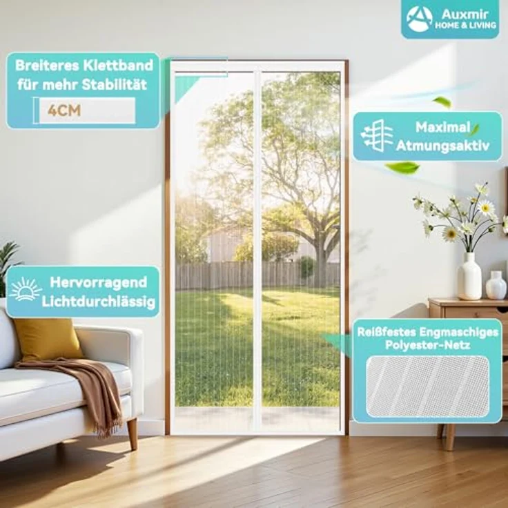 Auxmir Fliegengitter Balkontür Magnet 100x220cm, Insektenschutz mit verstärkten Magneten und breitem Klettverschluss, ohne Bohren, Weiß – Bild 2