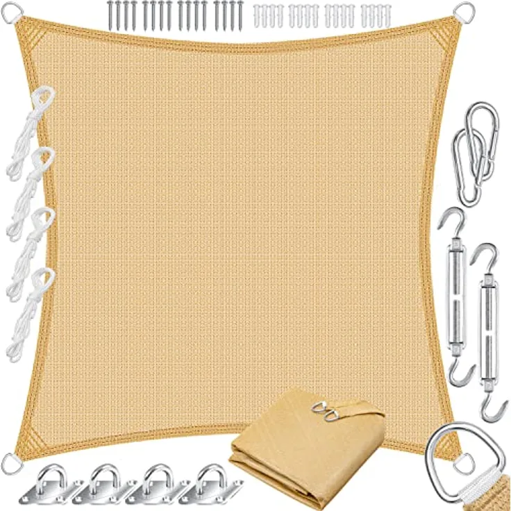 KESSER Sonnensegel Sonnenschutz Windschutz HDPE Gewebe wasserabweisend & windabweisend 5-Fach quer vernäht robust & stabil Schattenspender Garten Balkon Terrasse Quadrat, Sand, 2x2m