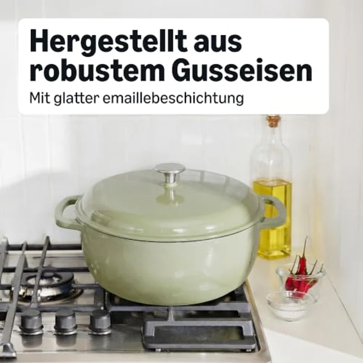 Amazon Basics Schmortopf Rund, 6,9 L emailliertes Gusseisen in Olivgrün, geeignet für alle Herdarten und Backofen bis 260°C – Bild 5
