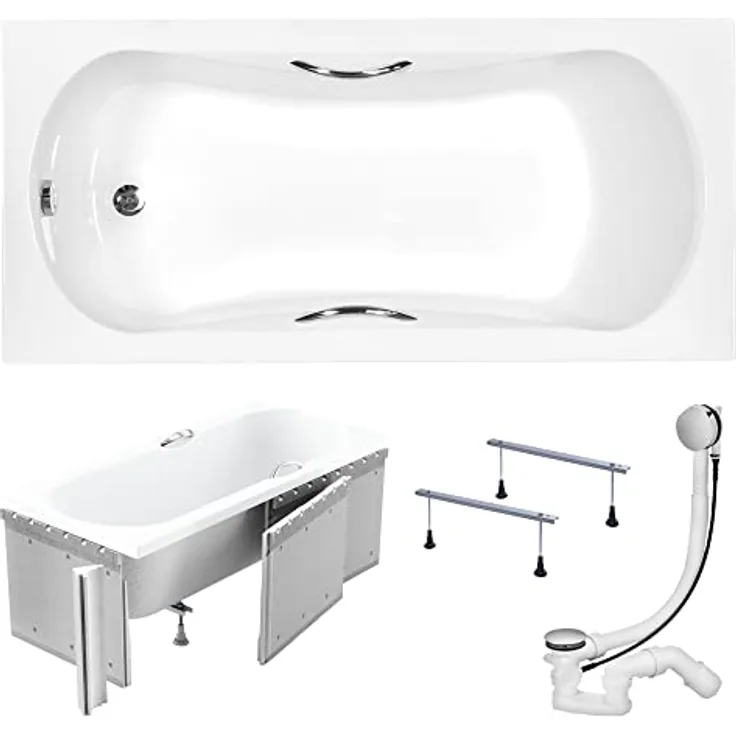 KOLMAN Badewanne ARIA PLUS Rechteck 150x70 in reinweißem Acryl mit Styroporverkleidung, Ablaufgarnitur und Füßen Komplettset 4in1 Premium Original Siphon