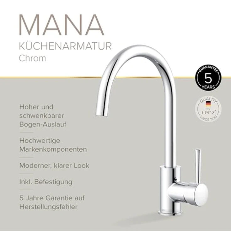 Lenz Küchenarmatur MANA, Chrom mit hoher Schwenkfunktion und spritzfreier Mischdüse – Bild 3