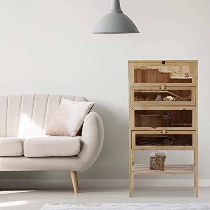 Relaxdays Hamsterkäfig aus Holz, 3 Etagen, Klappen, Sichtfenster, Gitterdach, Nagerkäfig XXL, HBT: 120x60x40 cm, natur – Bild 2
