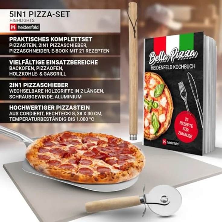 Miweba 5in1 Pizza Set, Pizzastein aus Cordierit für Backofen & Gasgrill, inklusive 2in1 Pizzaschieber, Pizzaschneider und Rezeptbuch, vielseitig einsetzbar bis 1000°C – Bild 2