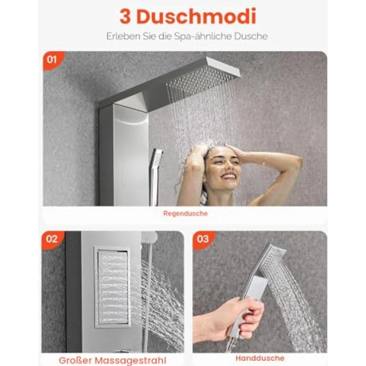 VEVOR Duschpaneel-Turmsystem (3 in 1) mit Regenwasserfall-Duschkopf, 1345 mm Duschsäule aus Edelstahl 304, wandmontiert mit Handbrause & Regenmassagesystem – Bild 3