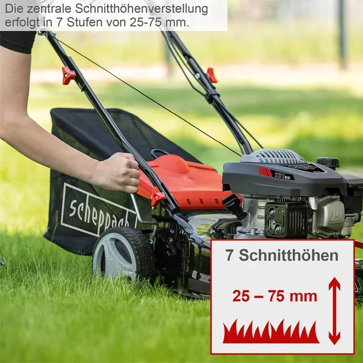 Scheppach Rasenmäher RM420 | 3in1-3,4PS | Schnittbreite 420mm | 45L Fangkorb | Schnitthöhenverstellung 25-75 mm | inkl. Motoröl & Ersatzmesser  – Bild 8