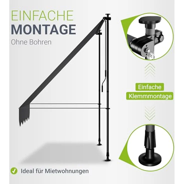 Juskys Klemmmarkise Kapstadt Grau, Montage ohne Bohren, höhenverstellbar, senkrecht/diagonal ausziehbar – Bild 3