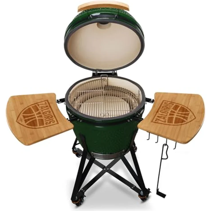 Kamado BONO Green Egg BBQ-Grill Zalgiris, Ø 55cm Holzkohlegrill mit Dual-Zone-Grillsystem, Keramik-BBQ-Smoker zum Kochen, Räuchern und Backen, inklusive Hähnchenhalter und seitlichen Tischablagen – Bild 2