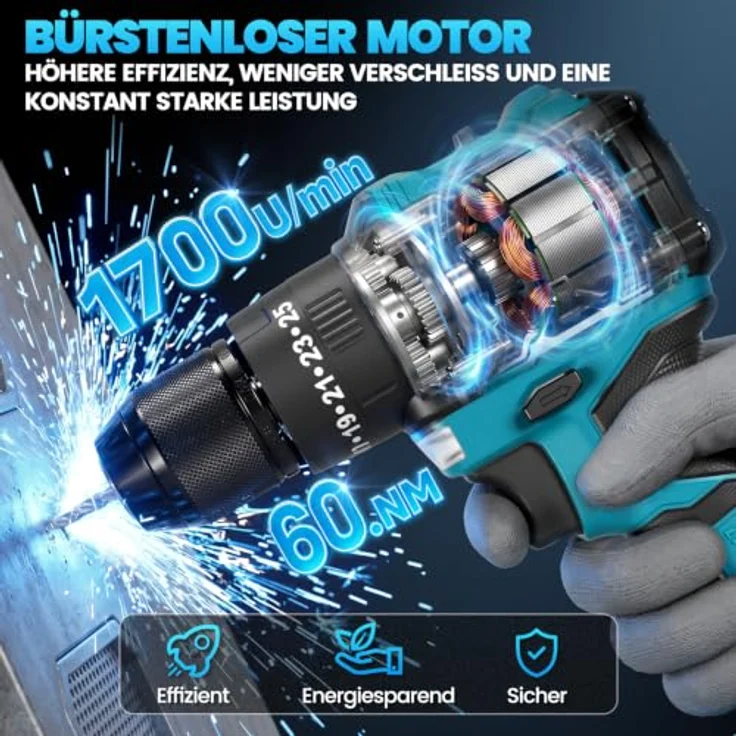 Bundviel Akku-Schlagbohrschrauber Set, 21V bürstenloser Motor mit 65 Nm, 2x 2000mAh Akkus, 25+3 Drehmomentstufen, 10-mm Schnellspannbohrfutter, 29-teiliges Zubehör – Bild 5
