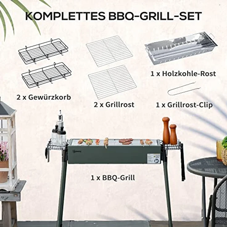 Outsunny Holzkohlegrill, Anti-Rutsches Campinggrill mit Grillrost, Grillrost-Clip, Seitenkörbe für Garten, BBQ Rostfreier Stahl+Verzinkter Metall Dunkelgrün 77 x 30 x 70 cm – Bild 4