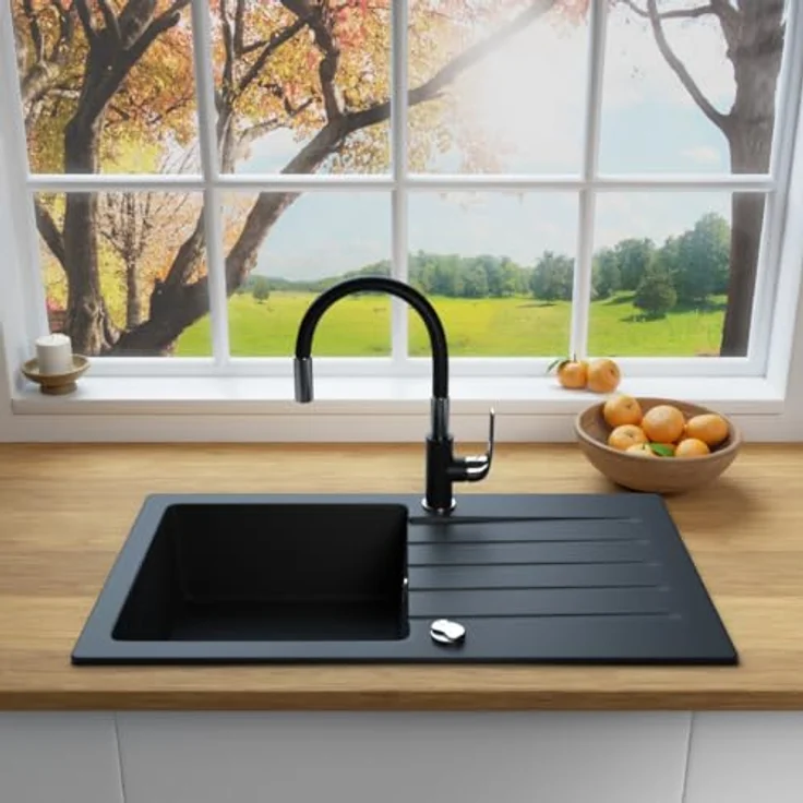 Lindbergh Spülen Rein Schwarz Granit Spüle "MEG44" Antibakteriell + Siphon Küchenspüle mit Imprägnierung - MADE IN GERMANY (4. Spüle MEG44 + Armatur 1-Tubo) – Bild 3