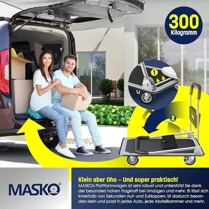 MASKO Plattformwagen Transportwagen Klappbar, robuster Stahlrahmen, 300 kg Tragfähigkeit, inklusive Arbeitshandschuhe – Bild 3