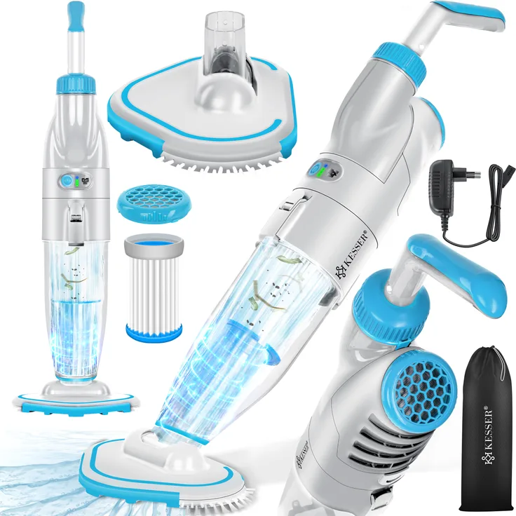 KESSER® Poolsauger mit Akku | elektrisch Pool Bodensauger Handsauger | mit 2-Geschwindigkeits-System, Kabellos, Inkl. Abdeckung, blau