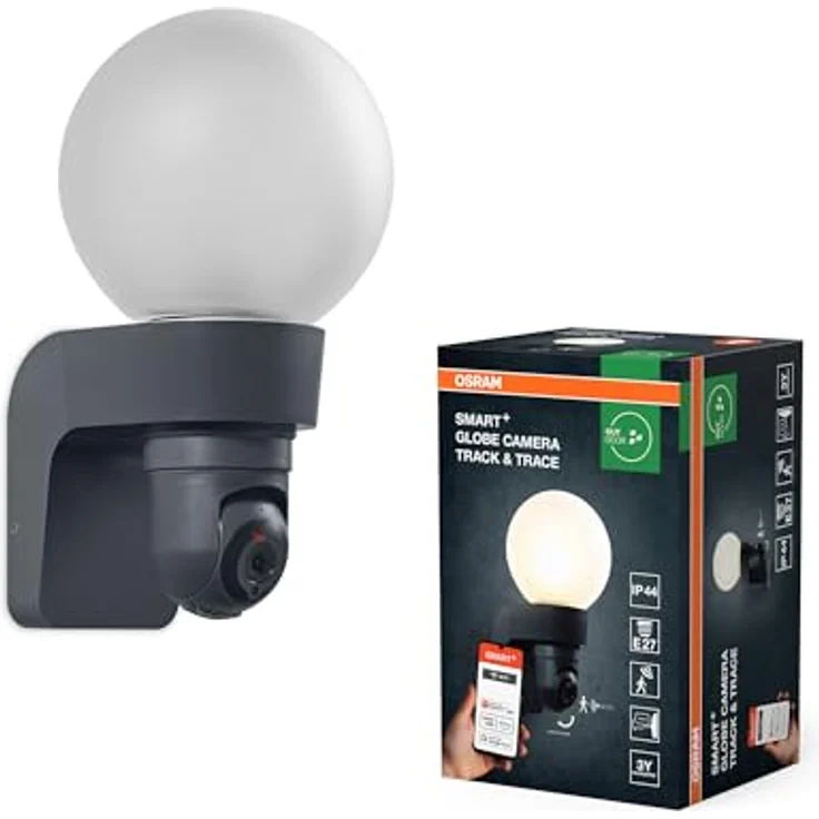 Osram SMART+ Outdoor-Wandleuchte mit Kamera, E27-Sockel, IP44, WLAN-Steuerung, integrierter Lautsprecher und Memory Card – Bild 1