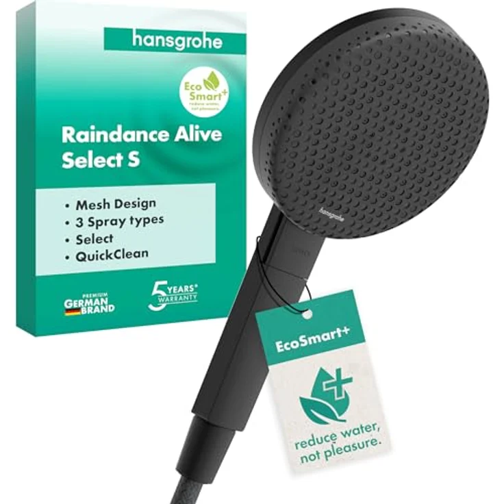 hansgrohe Raindance Alive Select S, Duschbrause mit 3 Strahlarten, EcoSmart, 125 mm, Schwarz-Graphit, 5.90 l/min – Bild 1