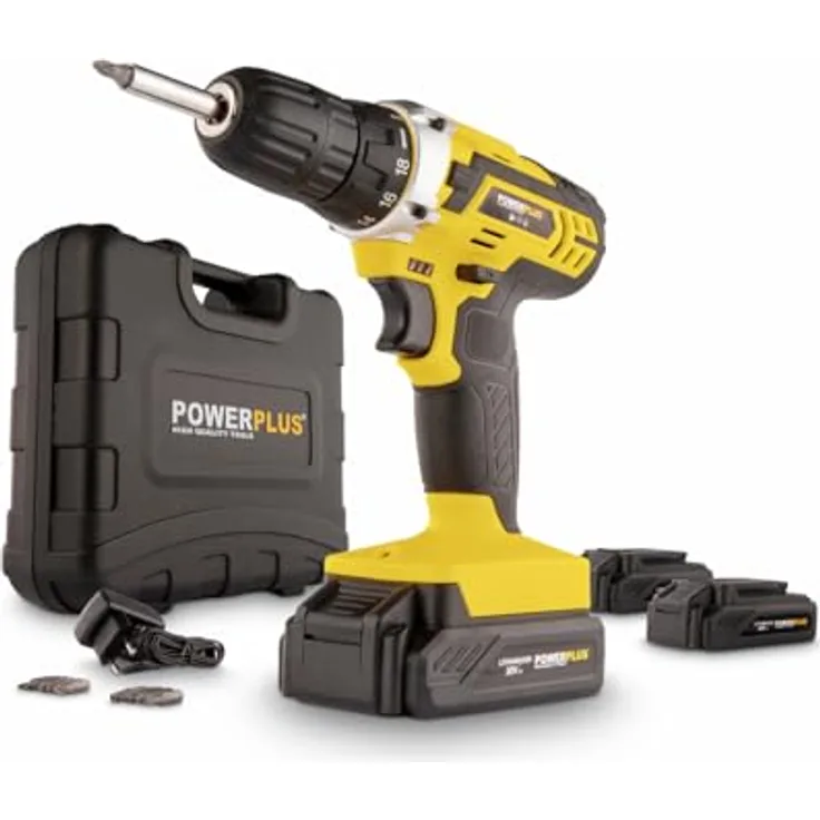 Powerplus POWX00501, 20V Akku Schrauber & Bohrer mit 35 Nm Drehmoment, 19 Drehmomentstufen, LED-Leuchte und 3 Akkus im Koffer