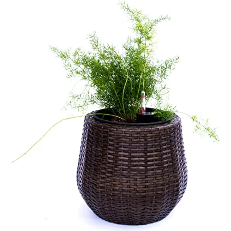 Elegant Einrichten Übertopf, runder Pflanzkübel aus Polyrattan, mocca farben, 35x32 cm, UV-beständig, frostsicher