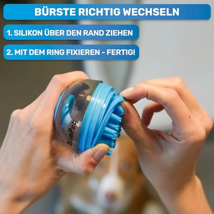 BluePet Befüllbare Badebürste für Hundeshampoo, inkl. 2 Aufsätze (weich + fest) für alle Rassen, sanftes Einmassieren & effektive Fellpflege – Bild 4