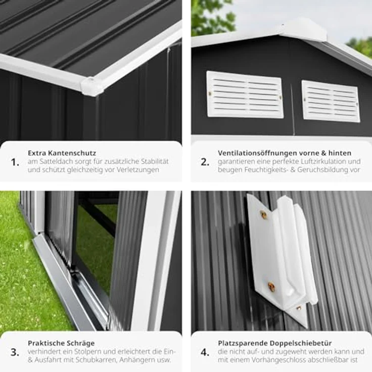 tectake® Metall Gartenhaus mit Satteldach, Geräteschuppen Garten mit Schiebetür, Gerätehaus mit Metallfundament, als Gartenschuppen, Gartenhütte oder Fahrradgarage, 4 m³ Lagerfläche - grau/weiß – Bild 5