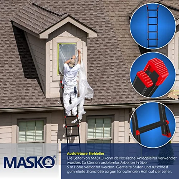 Masko Aluminium Teleskopleiter Multifunktionsleiter Aluleiter Klappleiter Anlegeleiter 5.10m - 4x5 Sprossen Black-Rot – Bild 5