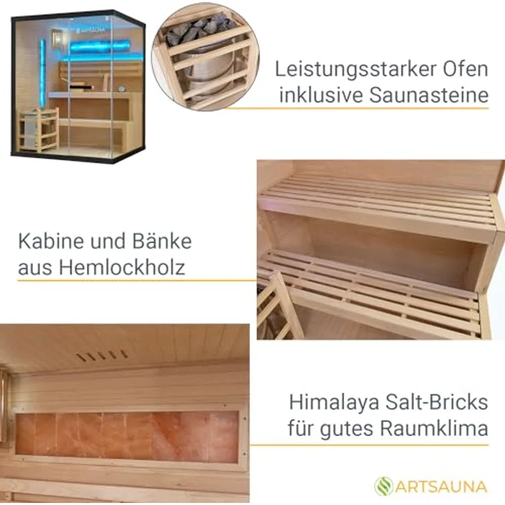 Artsauna Sauna Vantaa 150, BxTxH: 150 x 140 x 190 cm, 5 mm, 2 große Salzsteine, Ambientebeleuchtung, Schwarz/Natur, 3 Personen, 4,5 kW Ofen mit Saunasteinen – Bild 5