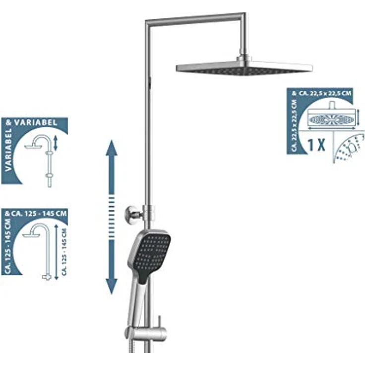 Schütte BLUEPERL Duschsystem ohne Armatur mit Ablage, Komplett Dusch-Set (Regendusche mit Wandhalterung, Duschsäule, 22,5 x 22,5cm Duschkopf und Brauseschlauch) 60566, Chrom/Schwarz – Bild 5