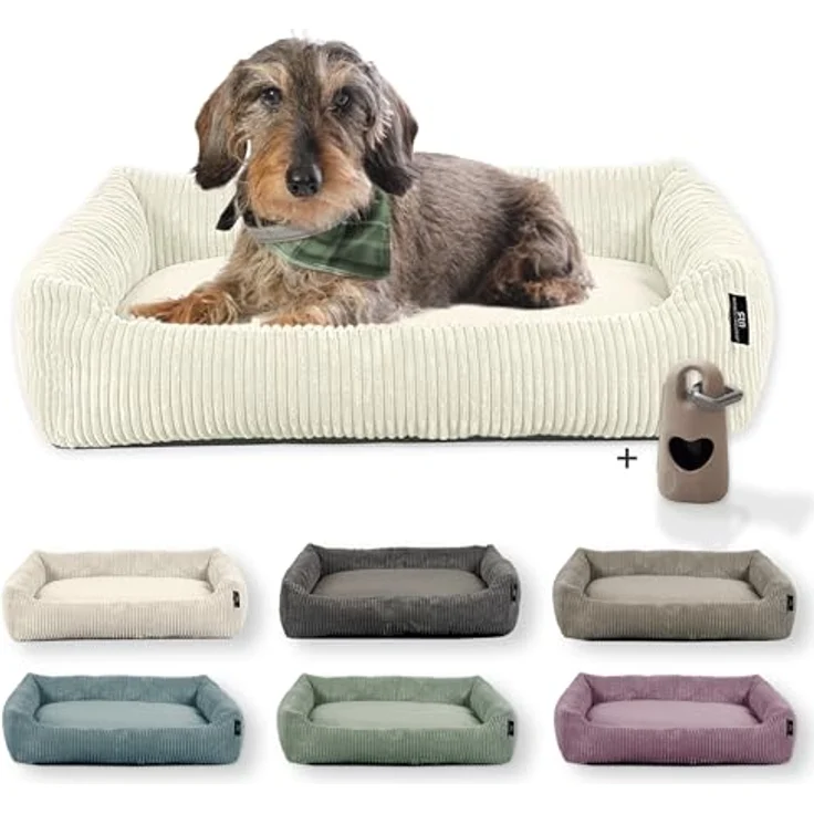 Rohrschneider Hundebett waschbar, für kleine und mittelgroße Hunde, Cordstoff in Vanille, 2 Größen (55x42 cm / 70x50 cm) mit Antirutschunterseite und Wendekissen – Bild 1