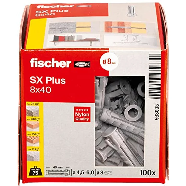 fischer Spreizdübel SX Plus 8 x 40, Schachtel mit 100 Nylondübeln, Dübel für optimalen Halt bei Befestigungen in Beton, Vollziegel, Porenbeton, Hochlochziegel uvm. – Bild 2