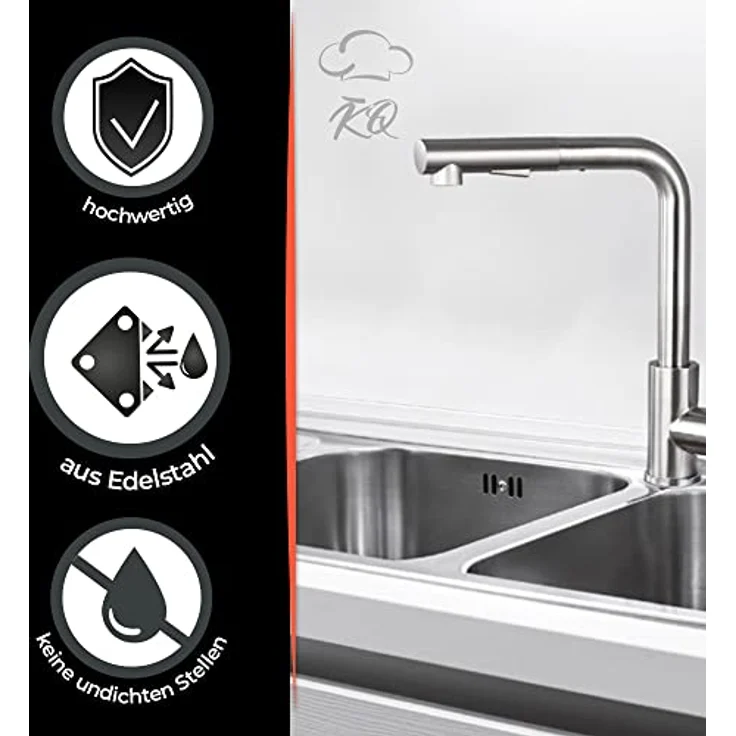KitchenQuality Küchenarmatur 31 cm, Edelstahl gebürstet, ausziehbar & 360° schwenkbar, Brause mit Umschalter, einfache Montage – Bild 6
