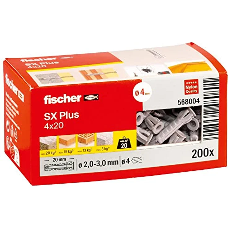 fischer Spreizdübel SX Plus 4 x 20, Schachtel mit 200 Nylondübeln, Dübel für optimalen Halt bei Befestigungen in Beton, Vollziegel, Porenbeton, Hochlochziegel uvm. – Bild 1