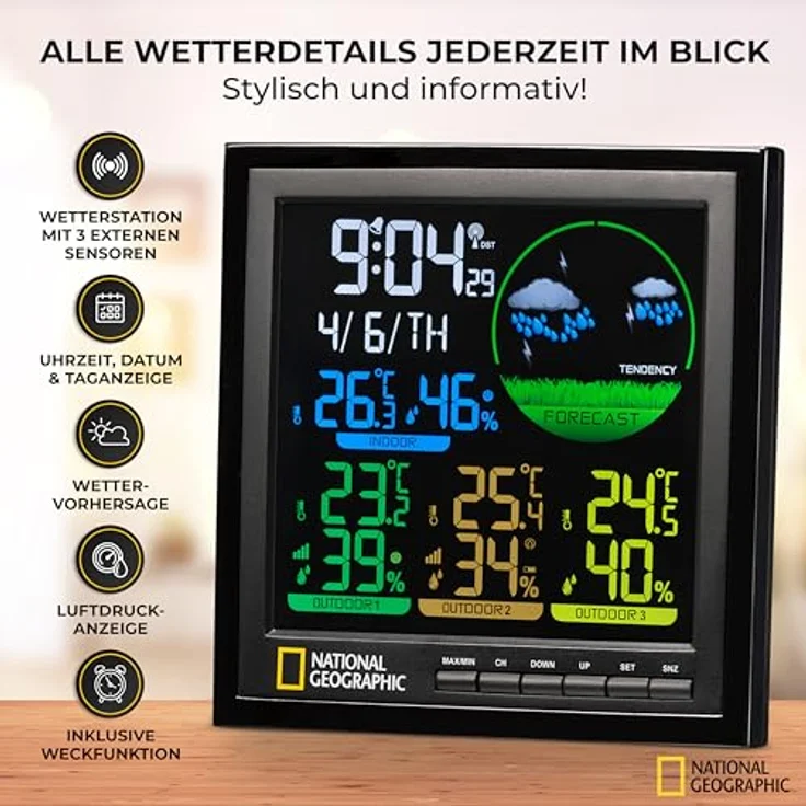 National Geographic Wetterstation, inkl. 3 Sensoren, Farbdisplay mit Wettervorhersage und Alarmfunktion – Bild 2