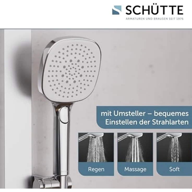 Schütte Brausegarnitur LA PALMA, Regendusche mit Antikalk-Beschichtung, 3 Strahlarten, Höhenverstellbar 105 cm, Komplett-Set, wassersparend – Bild 2