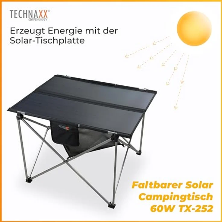 Technaxx 60W klappbarer Solar-Campingtisch TX-252, Monocrystalline Solarpanel-Ladegerät mit 3xUSB-Ladeanschlüssen, DC-Ausgang, Robustes Design - Ideal für Camping und Outdoor – Bild 3