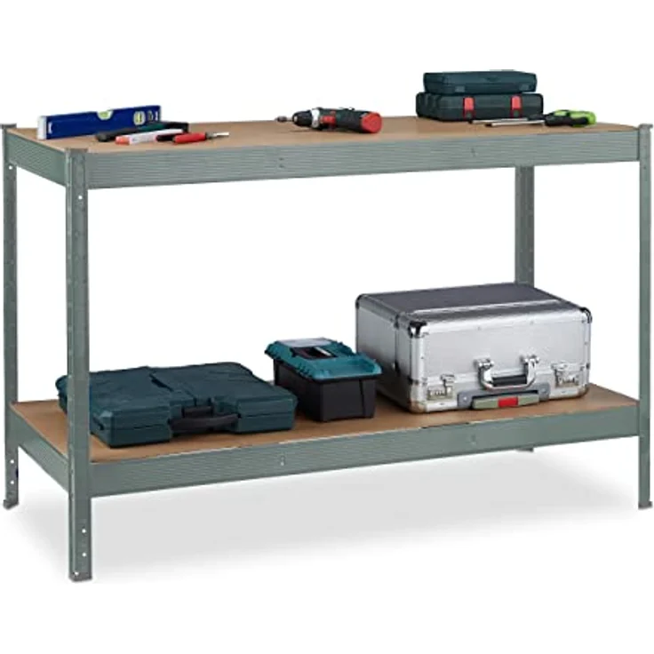 Relaxdays Werkbank 600 kg, Werktisch mit 2 verstellbaren Ebenen, Stahl & MDF, HBT: 91x141x61 cm, anthrazit – Bild 1