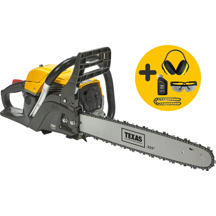 Texas Benzin-Kettensäge TS5620, 50 cm Schwertlänge, inkl. Extra Kette, Schutzbrille, Kettenöl und Gehörschutz, 56,5 cc Motor, 21 m/s Kettengeschwindigkeit