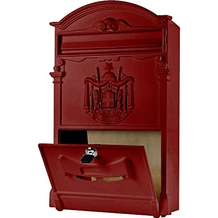 Melko Retro Briefkasten mit A4 Einwurf-Format, Aluguss und Stahl, ca. 25,5 x 8,6 x 41 cm, Rot – Bild 6