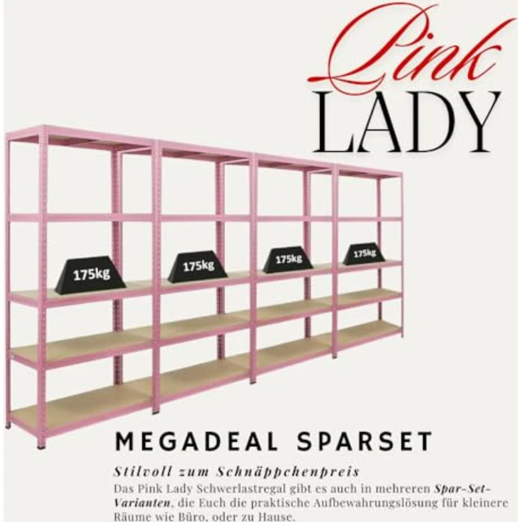 Proregal Schwerlastregal PINK LADY, 180 x 90 x 40 cm, Traglast 175 kg, 5 höhenverstellbare Böden, Rosa – Bild 7