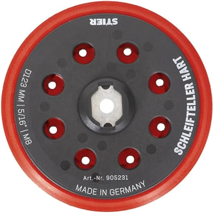 STIER Schleifteller D123mm, Stützteller hart mit Klett, für Exzenterschleifer, inkl. Adapter für 5/16“ & M8 Gewinde, optimale Absaugung, made in Germany – Bild 3