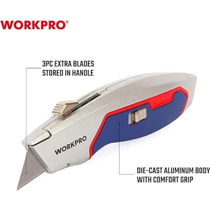 WorkPro Cuttermesser WP213011, Teppichmesser mit Zinklegierungsschneidkopf, Aluminiumgriff, schnellem Klingenwechsel und 10 Ersatzklingen – Bild 3