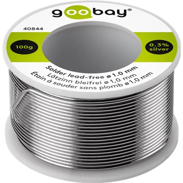 Goobay Lötzinn bleifrei, ø 1,0 mm, 100 g - Zusammensetzung: 0,3 % Silber, 0,7 % Kupfer, 96,5 % Zinn, Flußmittelanteil: 2,5 %, Schmelzpunkt 217° C – Bild 1