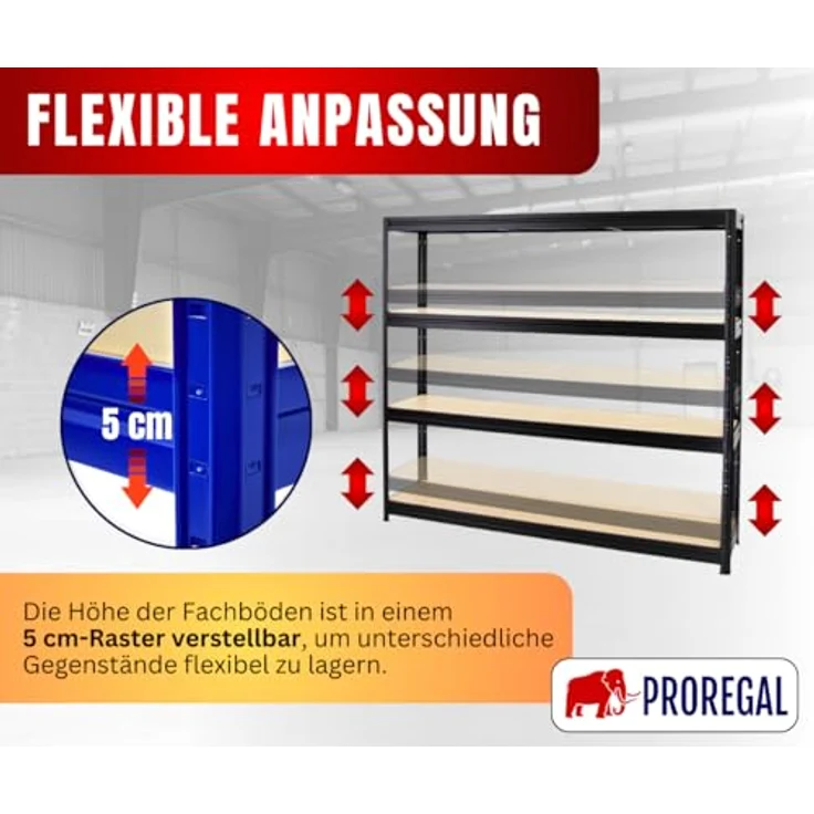 Proregal Schwerlastregal DINO, 180 x 200 x 45 cm, Traglast 500 kg pro Boden, 4 verstellbare Böden, Schwarz – Bild 4