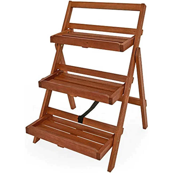 Blumentreppe 3 Stufen Regal 79 x 59 x 56cm Akazienholz Pflanzregal Blumenregal Blumenleiter – Bild 2